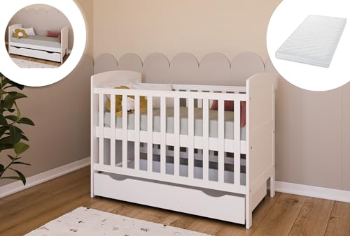 Kids Collective Babybett Kinderbett 70x140 cm mit Matratze & Schublade umbaubares Gitterbett höhenverstellbar | Baby Bed weiß Made in Europe 70x140 cm | von Geburt bis 6. Lebensjahr