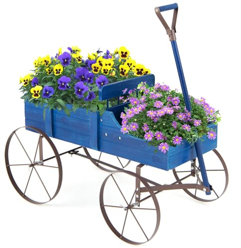 COSTWAY Blomställ, trävagn, växtvagn, blomvagn med hjul av metall, blomlåda, växtstativ för trädgård och terrass, 62 x 34 x 60 cm (blå)