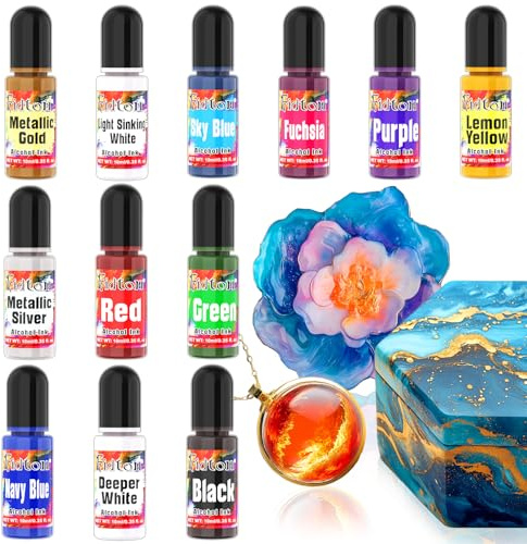Alcohol Ink Set - Fidton 12 Encre à Dessiner Brillantes et Vives pour la Résine, Encre Alcool pour Objets d'Art, Peinture, Fabrication de Bijoux en Résine, Bricolage - 10 ml