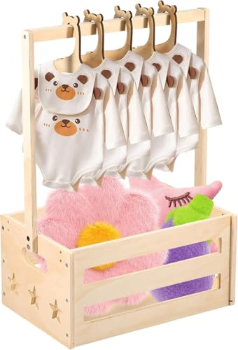 Baby Shower Crate Closet, Wooden Baby Shower Basket with 5 Hangers, Baby Storage Crate Hamper with Handle, Decorative Wood Baby Clothes Rack for Baby Showers Pregnancy New Parent Gifts (Style B)