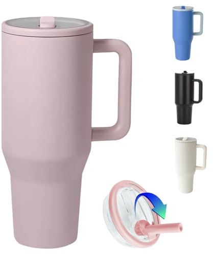 ZHUIYIWIN Tumbler with Folding Straw and Handle, Water Bottle Coffee Cup Travel Mug for Cold or Hot Drinks, Double Wall Stainless Steel Vacuum Insulated Tumbler (Pink, 890 ml)