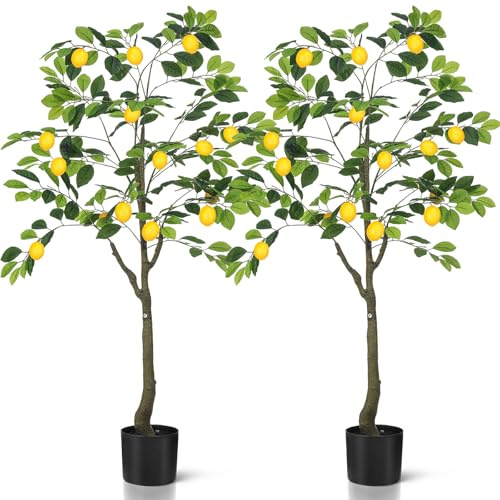 Jexine 2 Pack Artificial Lemon Tree 4 ft Tall Fake Plant Pre Potted Faux Lemon Tree Realistic Fruits for Indoor Home Decor Office Living Room
