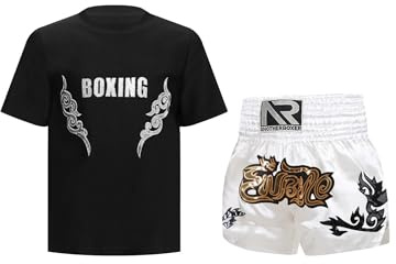 Yruioon Chándal para niños Muay Thai Boxing Shorts + Camiseta Niños Boxing Ropa de Boxeo Artes Marciales MMA Kick Boxing Set, B Negro Plata, 134-140