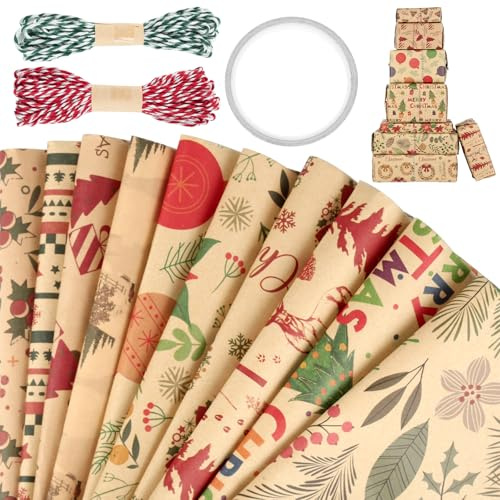 10 stycken presentpapper jul, 50 × 70 cm julklappspapper, kraftpapper jul med 2 stycken 10 m rep, julpapper för julklappar, födelsedagspresenter