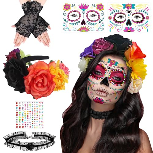 Halloweendagen för de döda hårband och dödskalle ansiktsmoniton, mexikanska blommor kronor huvudbonad, Dia de los Muertos diadem, för cosplay karneval temafest