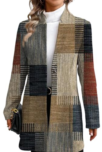 LOZ Women's Long Blazer Jackets Open Front Long Sleeve Work Office Jacket Loose Fit Brown Plaid Casual Blazers Outerwears