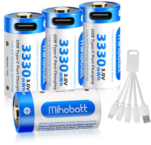 Mihobatt Confezione da 4 batterie agli ioni di litio da 3 V, 3330 mWh USB-C