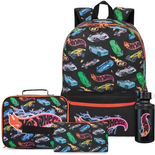 Get Trend Hot Wheels Boys Large Backpack Set 4 Pcs, 46cm School Bag | Rucksack with Pencil Case, Insulated Lunch Bag, 500ml BPA Free Water Bottle, School Supplies Gifts (Multi Hot Wheels)