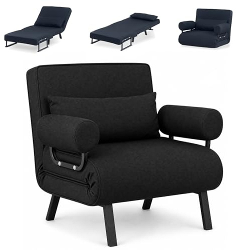 BSTSEL 4 in 1 Convertible Sofa Bed Folding Sofa Chair Bed Padded Seat, Armrests & Pillow Adjustable 6-Position Backrest Recliner Lounge Couch Guest Sleeper Armchair for Home Office (Black, 65cm)