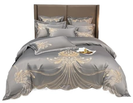 LuoAXINN Satin sängkläder set 4/6 st vit grå satin guld broderi satin bomull sängkläder set dubbel drottning king täcke täcke lakan örngott (färg: 2, FITTED_220 x 240 cm 4 st)