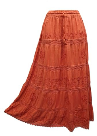 Doorwaytofashion Women Cotton Maxi Full Length Skirt Embroidered Boho Casual Festival Summer UK 8 10 12 14 16