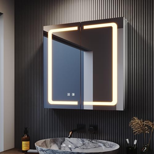 SONNI LED-spegelskåp 65 × 65 cm, dimfritt spegelskåp med belysning med uttag, aluminium badrumsskåp med spegel med pekströmbrytare