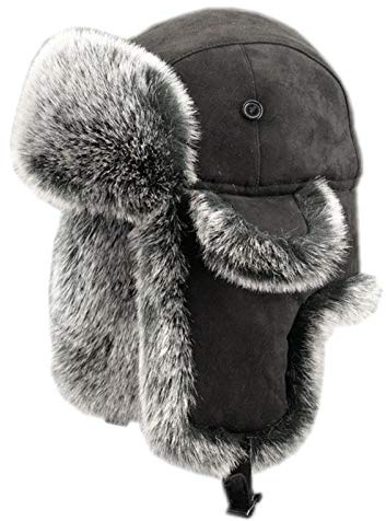 Insun Unisex Chapka Suède Chapeau de Trappeur en Fausse Fourrure Chaud Anti Vent Ushanka Chapeau de Chasse Russe Noir L