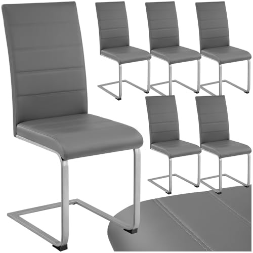 tectake® Set med 6 matstolar i konstläder - ergonomiska stolar med högt ryggstöd och modern design, bekväma och stilrena, perfekta för kök, matsal eller vardagsrum - Grå
