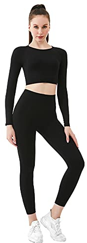 Jamron Donna Set di Abbigliamento Yoga Top Corto+Leggings 2 Pezzi Tuta da Ginnastica Activewear Nero SN070604-4 M
