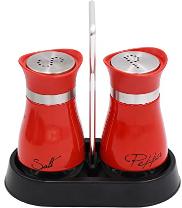 2 PCS - Stainless Steel and Glass Salt and Pepper Shaker Sets with Holder (RED)