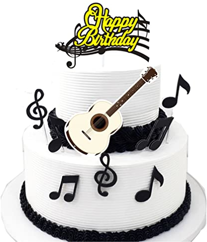 Houhounb Juego de adornos para tartas de feliz cumpleaños, notas musicales, decoración para cupcakes, decoración de tartas, guitarra, pastel, magdalenas, decoración para niñas, niños, fiesta temática