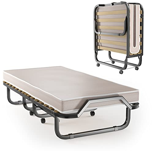 COSTWAY Folding Bed with 10cm Thick Luxurious Memory Foam Mattress, Portable Guest Bed on Wheels, Metal Frame Wood Slats Single Fold up Bed Sleeper for Home Office Camping (Beige, 200x90cm)