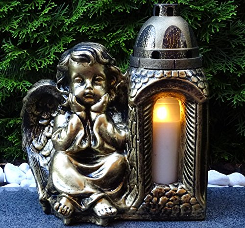 Grablaterne Grablampe Grableuchte Engel Bronze Grabschmuck Kerze Herzengel Schutzengel Grablicht Grabkerze Laterne Grabdekoration Liebe Herz Friedhof Garten