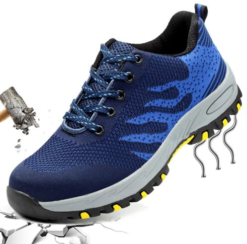 PHMNZIP Arbeitsschuhe Herren Leicht 43 mit Stahlkappe Arbeit Schuhe Männer Sicherheit Sneaker Turnschuhe Sportlich Schutzschuhe für Kinder Jungen Blau