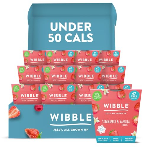 Wibble Jelly Pots, Real Strawberry Juice, Natural, Plant Based, Low Calorie, Nothing Artificial, Strawberry & Vanilla Flavour 12x150g, Sweets, Vegan Jelly Pots