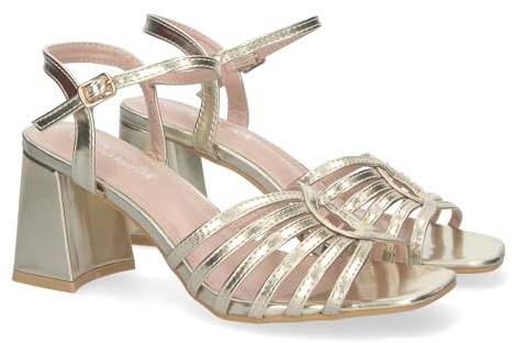 shoes&blues.es 81580-Sandalia de Tacon para Mujer, Comodas, con Adorno en la Pala, Cierre de Hebilla, Ideal para Eventos.. Talla 38 Oro