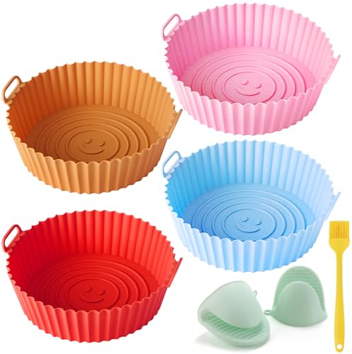 FINEASY 4 Pièces Moule Silicone Air Fryer Accessoires avec + 1 Brosse + 2 Gants, Moule Air Fryer Silicone Pot Panier de Friteuse à Air pour Airfryer Panier Friteuse Micro-Ondes