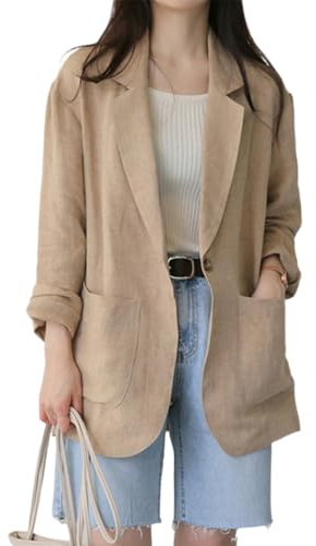 IDEALSANXUN Giacca da Donna in Lino, Casual, a Maniche Lunghe, Leggera, Primaverile e Estiva, Cachi, X-Large