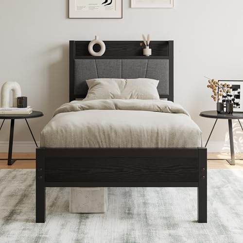 BORPHOM Struttura per letto singolo da 3 piedi (90 cm) con testiera portaoggetti, struttura per letto a piattaforma imbottita in metallo ad alta resistenza, base per materasso/supporto a doghe in