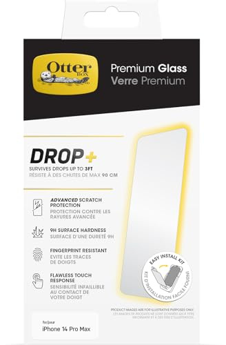 OtterBox Premium Glass Displayschutz für iPhone 14 Pro Max, gehärtetes Glas, hervorragender Kratzschutz, übersteht Stürze bis zu 0,9m, antimikrobieller Schutz, Keine Einzelhandelsverpackung
