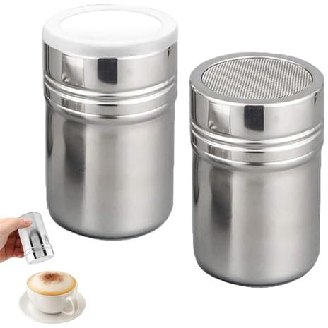 LIURFLNC 2 spargitore per zucchero a velo, in acciaio inox, con coperchio, spargicacao per cappuccino, spargitore per zucchero, sale cacao, cappuccino