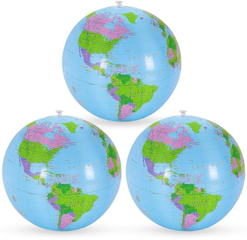 3 unidades, globo terráqueo inflable, globo terráqueo de PVC, mapa del mundo geografía, pelota de agua inflable para playa, escuela, educación, enseñanza, niños, jóvenes, después de inflar, 28-30 cm