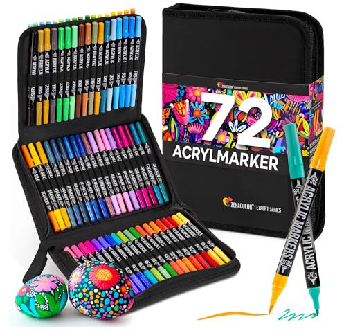 Zenacolor Rotuladores Acrilicos con Doble Punta (Punta Fina y Pincel) - 72 Colores de Acrylic Markers para Distintas Superficies - Marcadores Acrílicos para Pintar Estuche Incluido