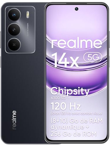 realme 14x 5G Smartphone (8+10)GB de RAM dinámica 256GB de ROM,pantalla Eye Comfort de 120Hz, cámara de 50MP, batería de 5000mAh,resistencia a golpes de grado militar,ocho núcleos,negro(sin adaptador)