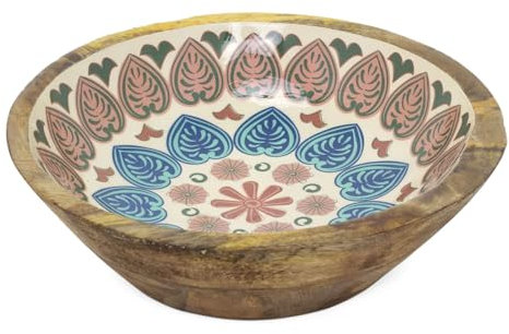 Carousel Home Meze Wooden Enamel Bowl | Moroccan Inspired Mango Wood Salad Bowl | Handcrafted Large Decorative Serving dish - 25cm