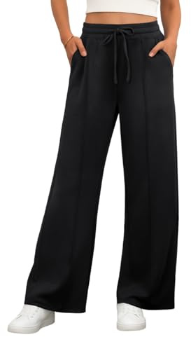 PrinStory Women Trousers High Elasticated Waist Straight Leg Stretch Yoga Pants Casual Trousers with Pockets