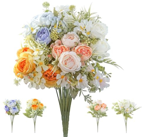 Hevysuo 4 pezzi Peonie Artificiali,Bouquet di Fiori Artificiali 32cm per Casa Matrimonio Compleanno Centrotavola Composizione,Blu/Rosa/Giallo/Bianco