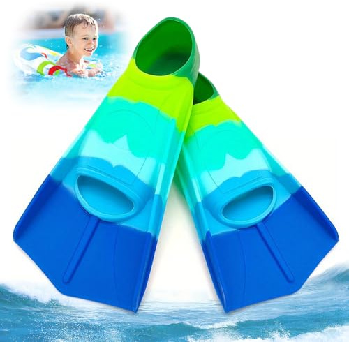 Simfenor för barn, silikon snorkelfenor, korta fenor, barn, korta träningsfenor, barnfenor, korta simfenor för pojkar, flickor, för simning, dykning (blå, S (33–35))