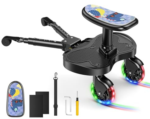 BugyKido Buggy Board med säte, stegbräda för barnvagnar, universell med LED-hjul, barnvagnstillbehör för barn från 2–6 år (25 kg), barnvagnstillbehör, stegbräda för över 99 % av barnvagnarna