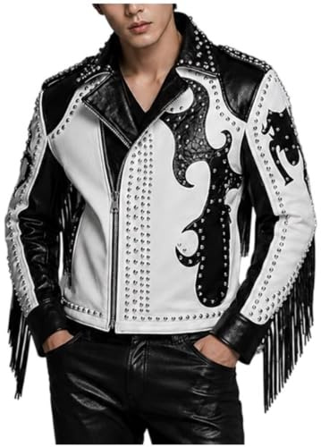 MAXDUD Herr premium läder rock punk bikerjacka – dubbad och spiked lugg ytterkläder