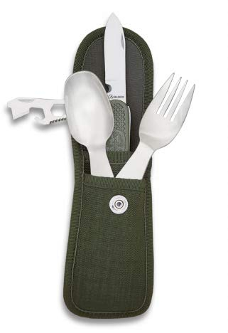 Set Camping con Funda Incluye Cuchara Tenedor y Navaja Multiherramienta Set para Caza, Pesca, Camping, Outdoor, Supervivencia y Bushcraft Albainox 33037