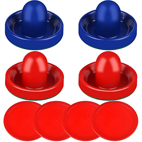 ONE250 Air Hockey Pushers and Red Air Hockey Pucks, Goal Handles Paddles Replacement Accessories for Game Tables (4 Striker, 4 Puck Pack) (Blue & Red)