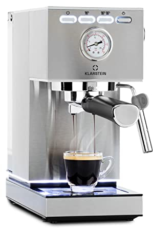 KLARSTEIN Pausa Machine à café expresso, porte-filtre de 1350 W,machine à expresso avec 7-9 bars de pression,machine à café avec porte-filtre et réservoir d'eau de 1,4 l, en acier inoxydable, argenté