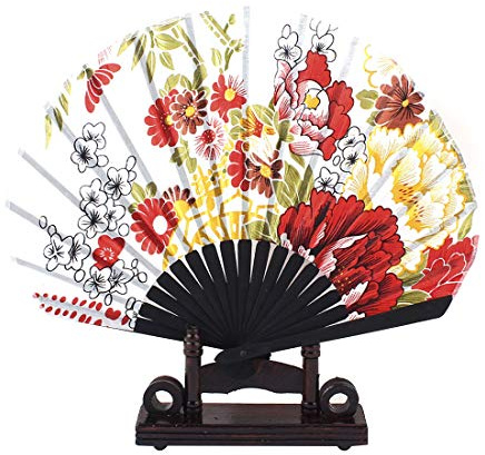 Ruilogod Peony Print Cloth Bamboo Ribs Folding Hand Fan w Holder Wht Red Yellow (id: 567 02f 9c5 eca a79 (id: 567 02f 9c5 eca a79