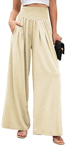 Famulily Womens Wide Leg Trousers Elastic High Waist Cotton Yoga Pants with Pockets Lounge Wear for All Seasons S-XXL