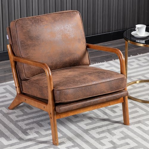 QQU Boucle PU Leather Accent Chair Support 110KG, Living Room Lounge Armchair, Occasional Reading Chair with Solid Wood Frame & Cushion for Bedroom, Balcony, Office (Coffee)