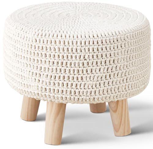 Wimarsbon Pouf Ottoman, 100% Cotton Knitted Boho Footstool, Round Footrest with Non-Skid Wood Legs, Home Décor Handmade Pouffe, Leisure Floor Step Stool for Living Room (Beige)