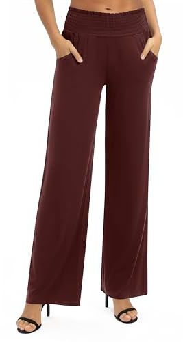 Donna Solido Sciolto Gamba Dritta Palazzo Pantaloni A Vita Alta Elastico Casual Pantaloni con Tasche(XXL, Vino Rosso)
