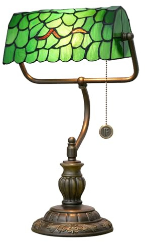 Blivuself Tiffany Style Green Bankers Desk Lamp Stained Glass Lamps Tree Leaf Vintage Bedroom Bedside Study Pull Chain Reading Desk Light Retro Office Led Adjustable Nightstand Antique Accent Deskla