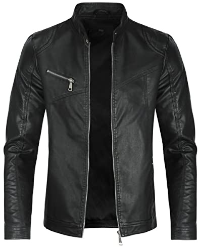 Allthemen Läderjackor för män, ledig ståkrage, jacka, helt blixtlås, bomberjacka, långärmad, utomhus, #08 Svart, XL